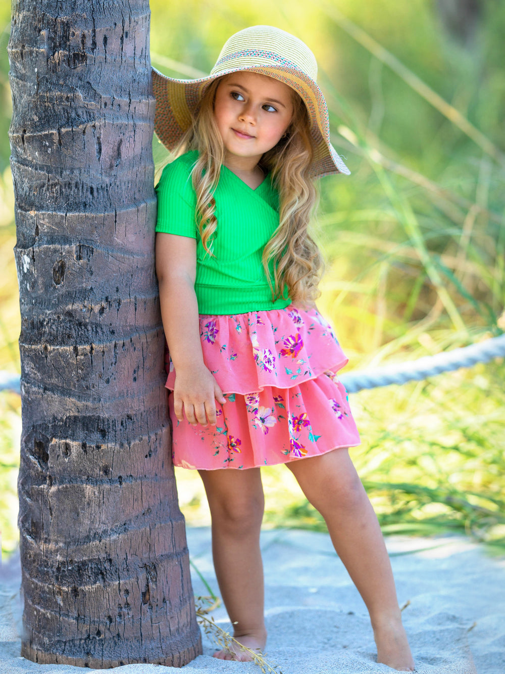 Cute Spring Outfits | Girls Ribbed Wrap Top & Tiered Ruffle Skirt Set