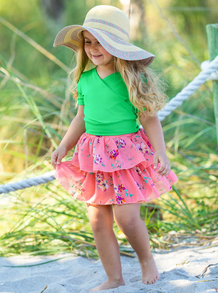 Cute Spring Outfits | Girls Ribbed Wrap Top & Tiered Ruffle Skirt Set