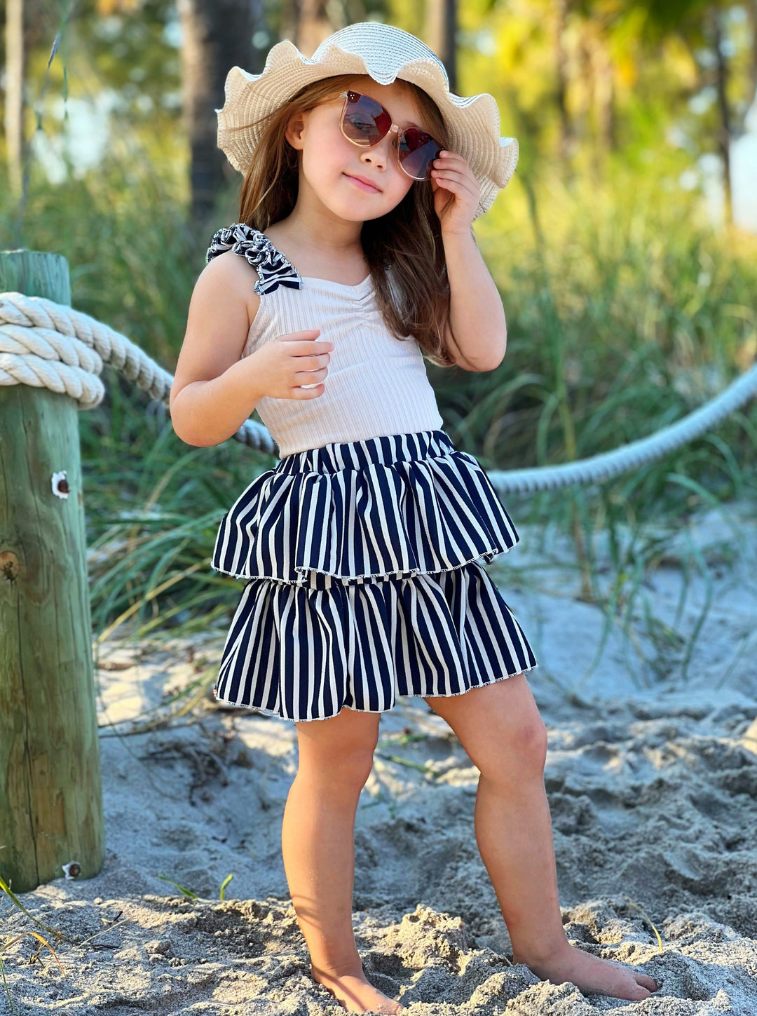 Toddler Spring Outfits | Girls Striped Ribbed Top & Tiered Skirt Set 