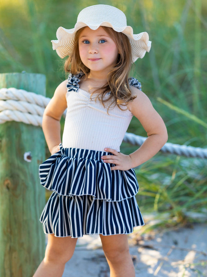 Toddler Spring Outfits | Girls Striped Ribbed Top & Tiered Skirt Set 