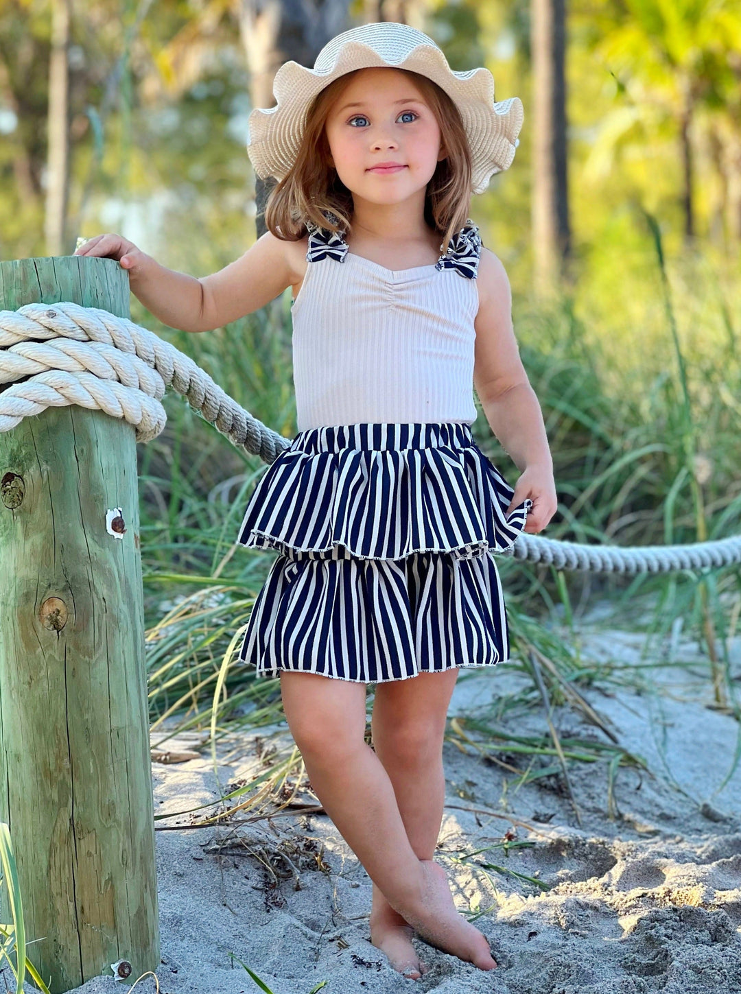 Toddler Spring Outfits | Girls Striped Ribbed Top & Tiered Skirt Set 