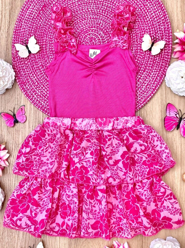 Mia Belle Girls Pink Ribbed Top & Tiered Skirt Set | Resort Wear