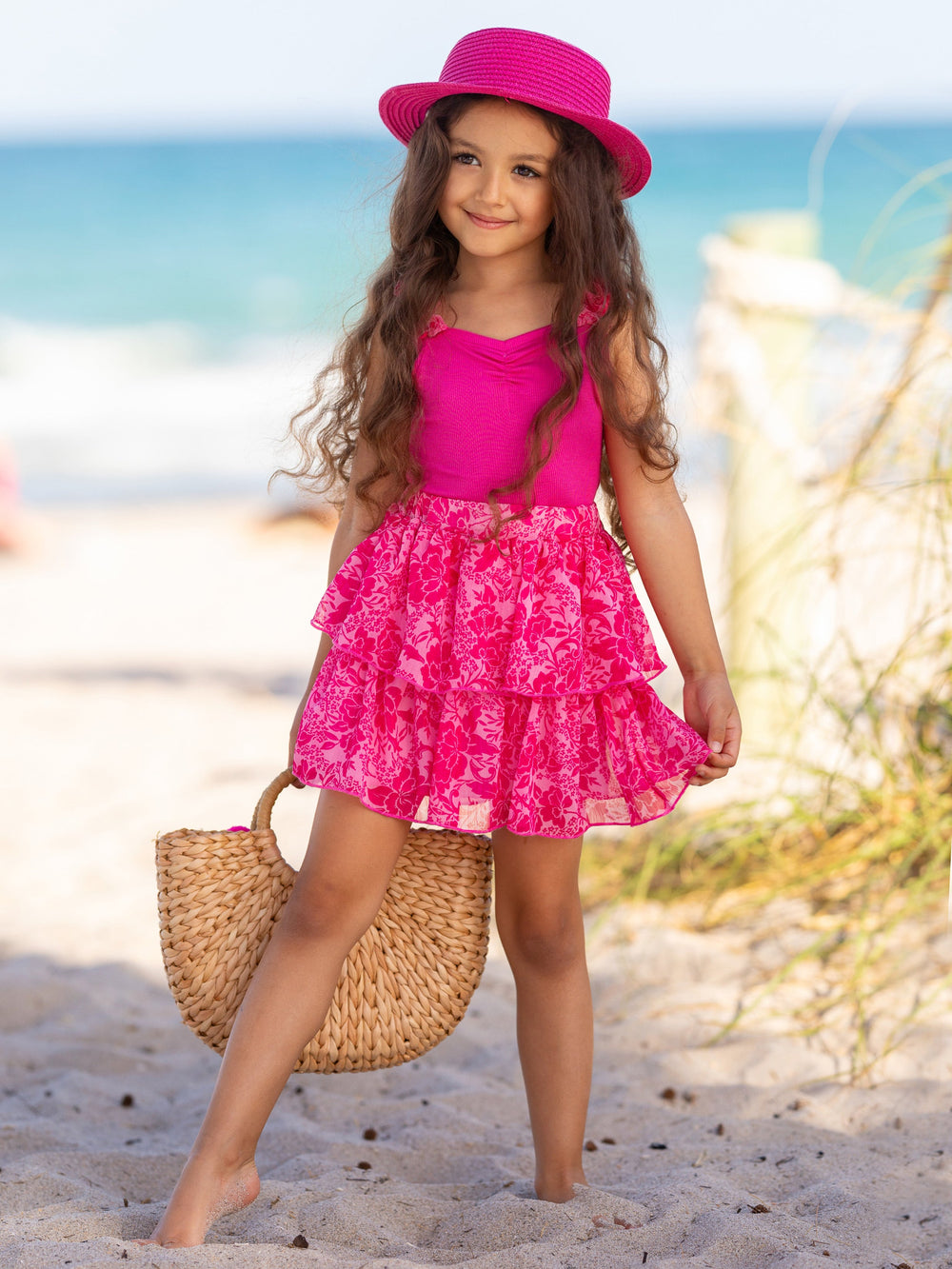 Mia Belle Girls Pink Ribbed Top & Tiered Skirt Set | Resort Wear