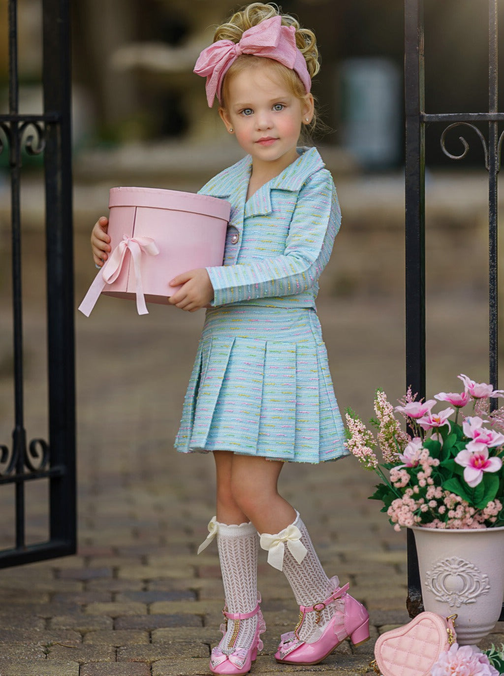 Preppy Chic Sets | Tweed Blazer & Pleated Skirt Set | Mia Belle Girls