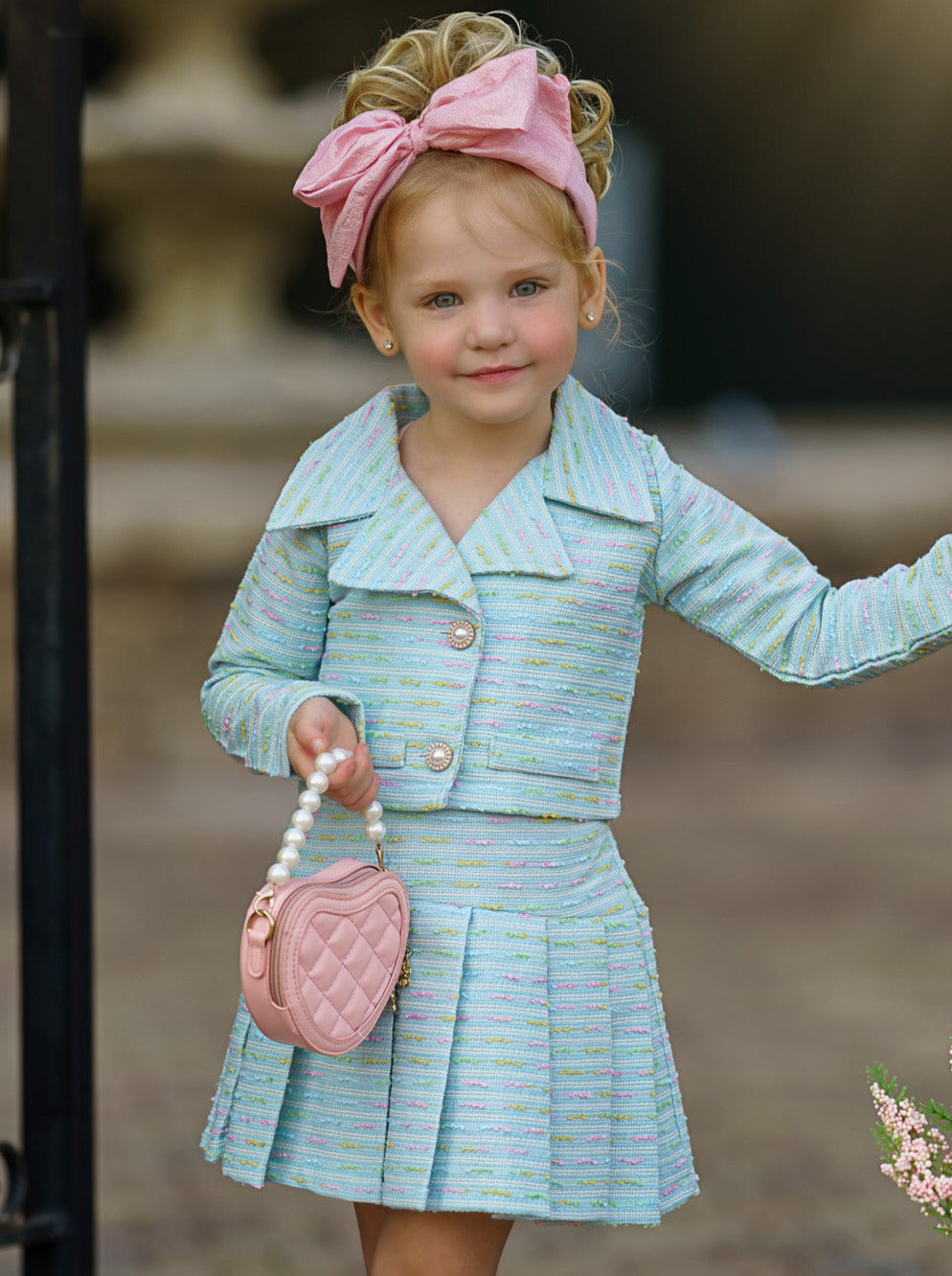 Preppy Chic Sets | Tweed Blazer & Pleated Skirt Set | Mia Belle Girls