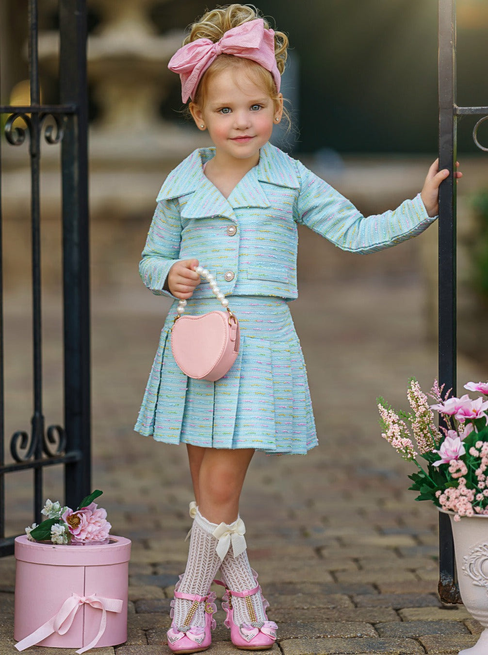 Preppy Chic Sets | Tweed Blazer & Pleated Skirt Set | Mia Belle Girls