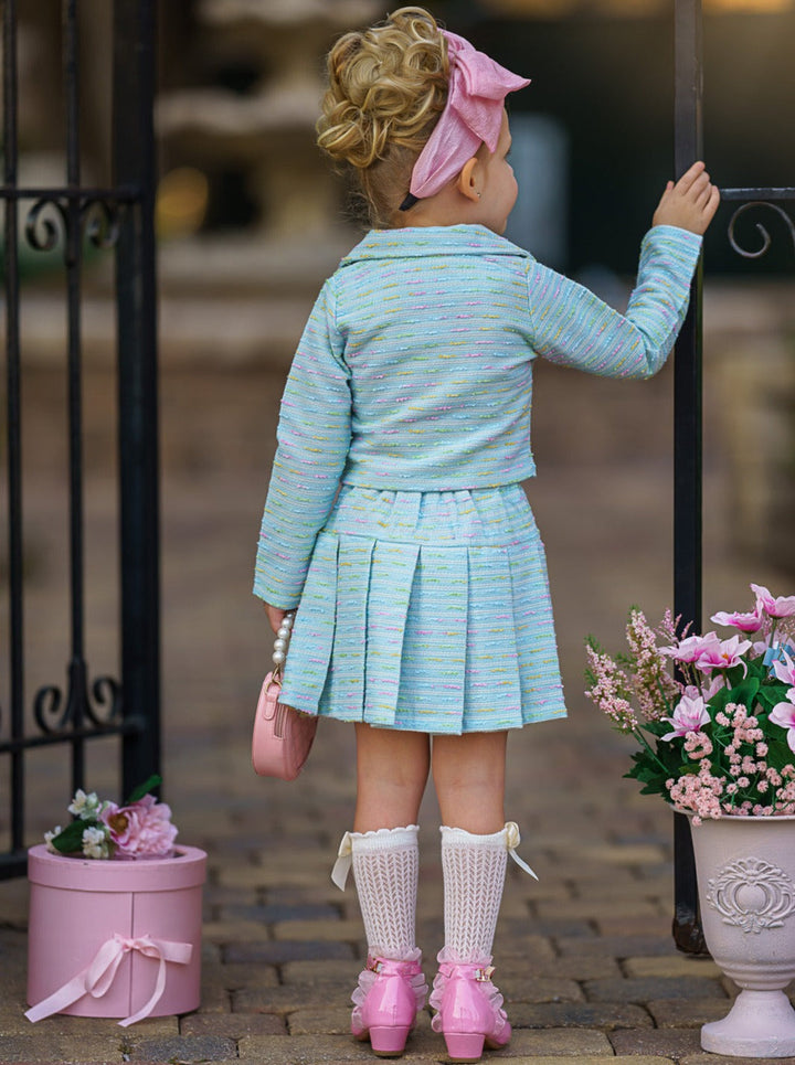 Preppy Chic Sets | Tweed Blazer & Pleated Skirt Set | Mia Belle Girls