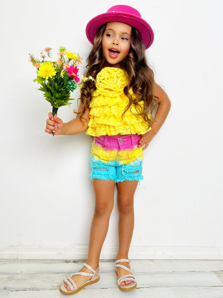 Mia Belle Girls Yellow Rose Tiered Top & Shorts Set | Resort Wear