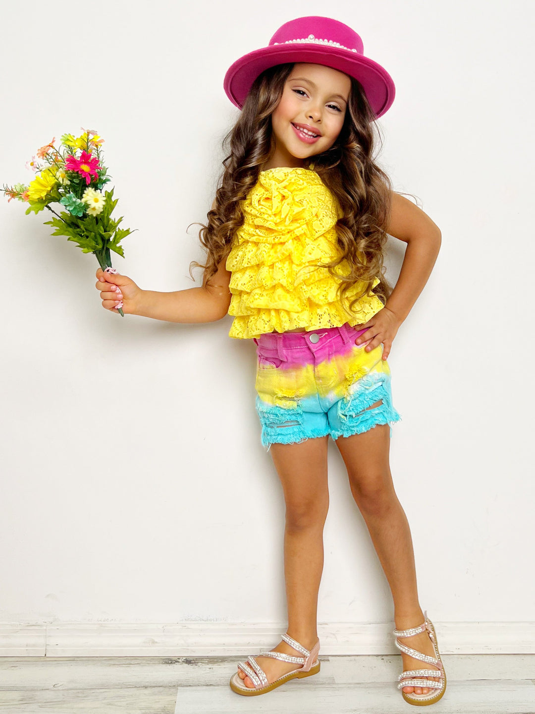 Mia Belle Girls Yellow Rose Tiered Top & Shorts Set | Resort Wear