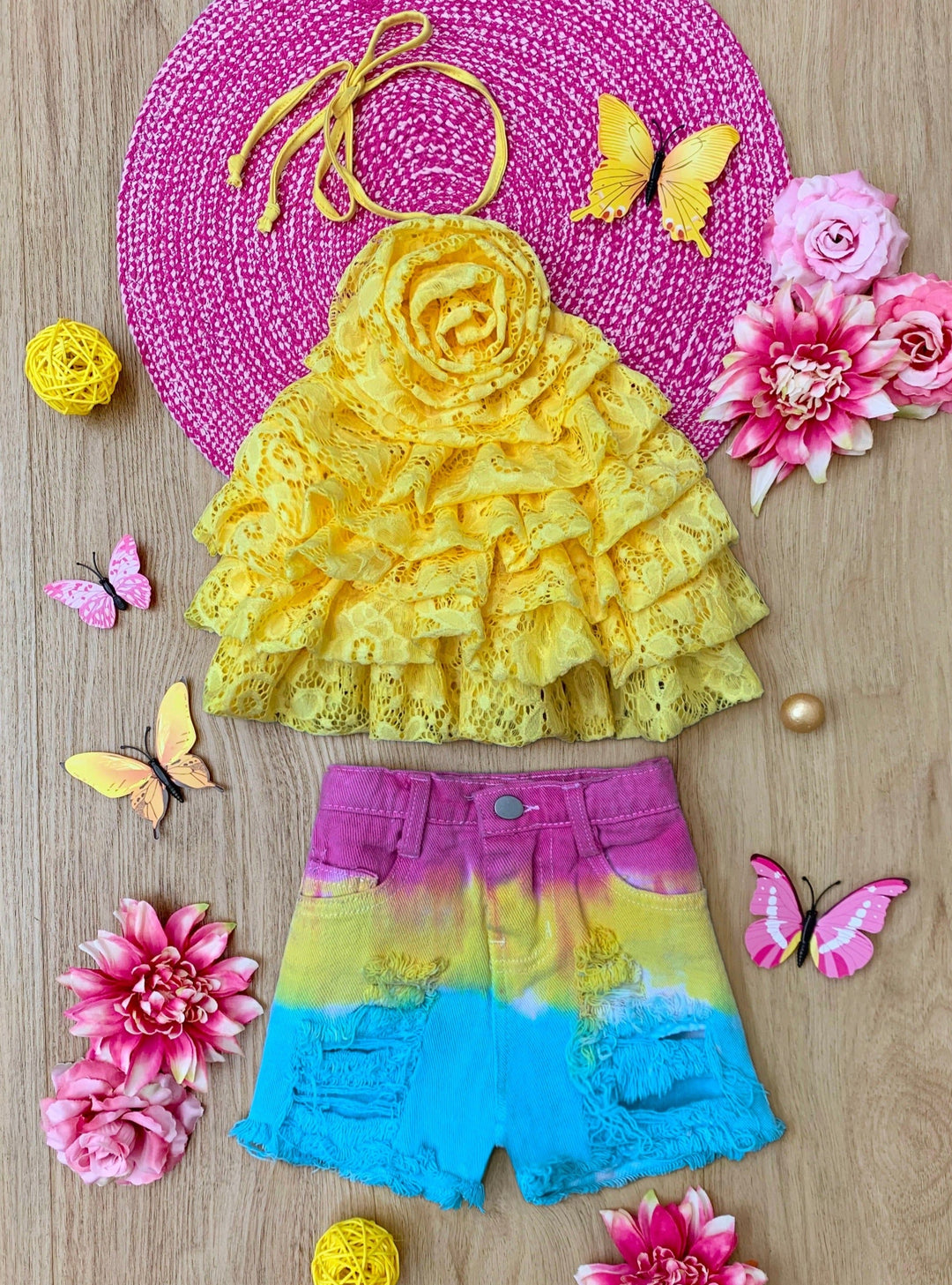 Mia Belle Girls Yellow Rose Tiered Top & Shorts Set | Resort Wear