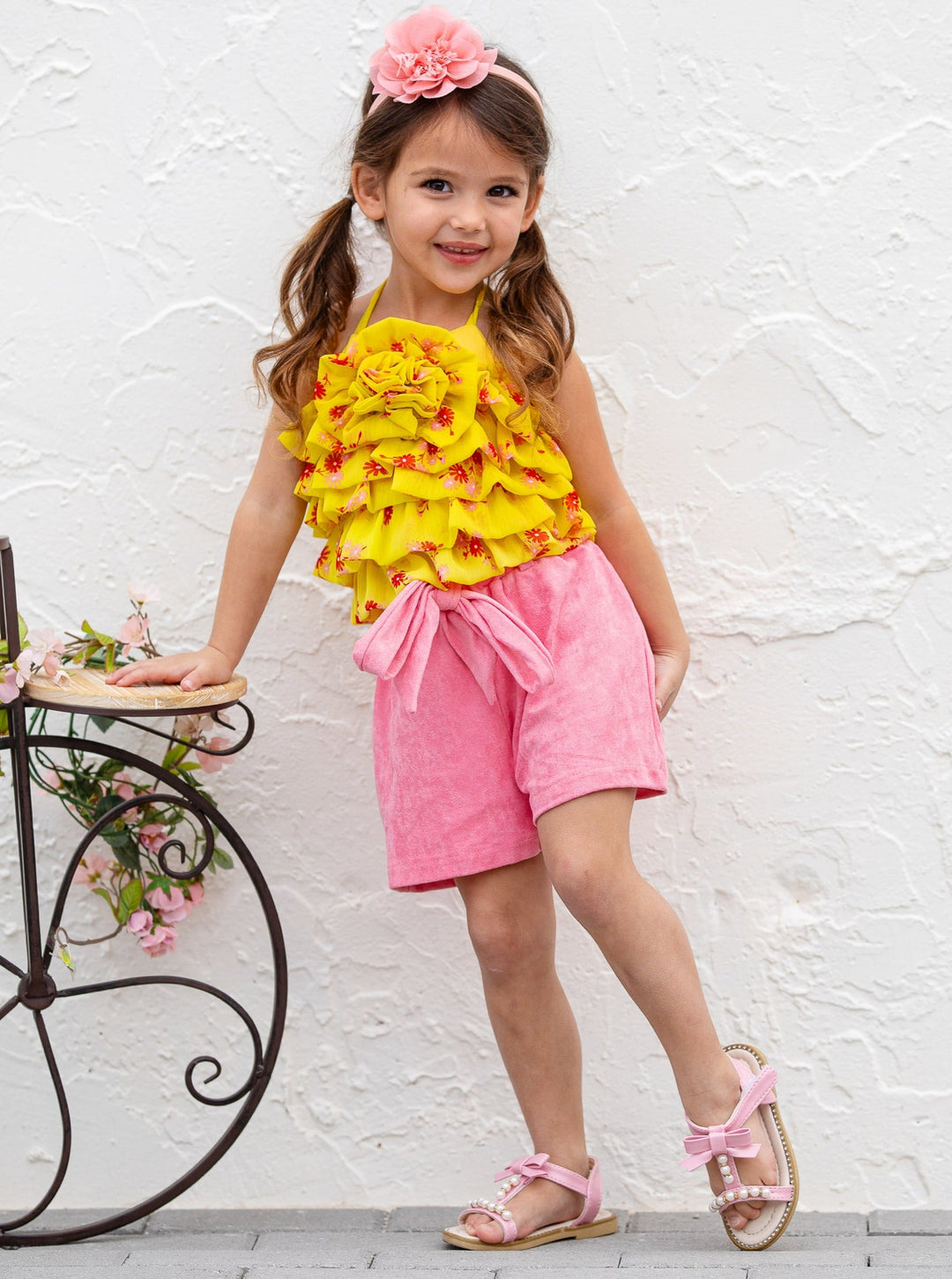 Mia Belle Girls Yellow Rose Tiered Top & Suede Short Set | Resort Wear