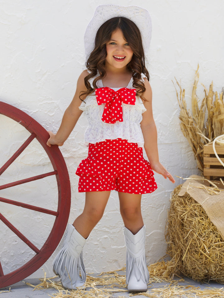 Mia Belle Girls Lace Top and Ruffle Short Set | Girls Spring Outfits