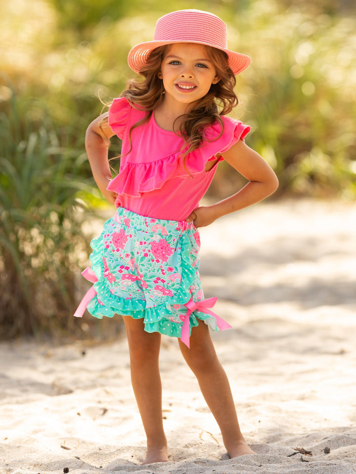 Tropical Bloom Ruffle Top and Floral Shorts Set