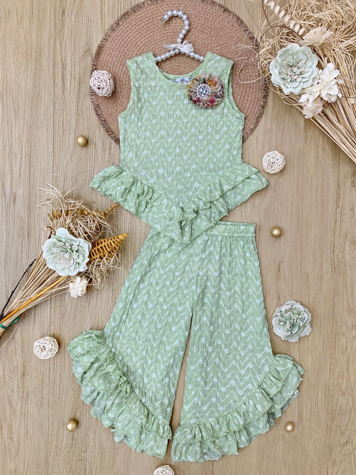 Sage Oasis Lace Top and Ruffle Pants Set