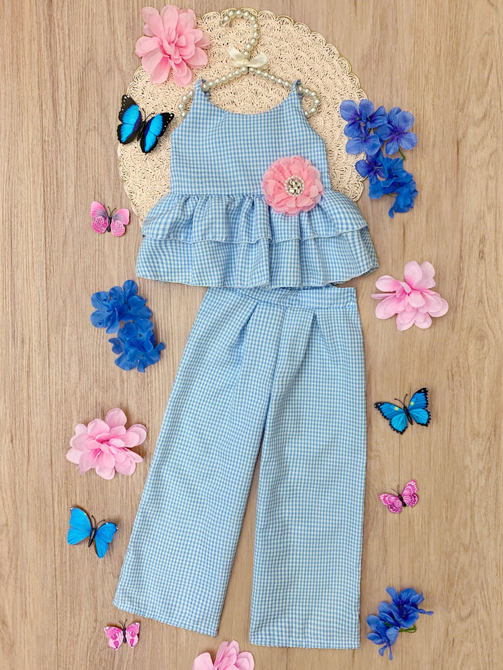 Blue Skies Gingham Top and Palazzo Pants Set