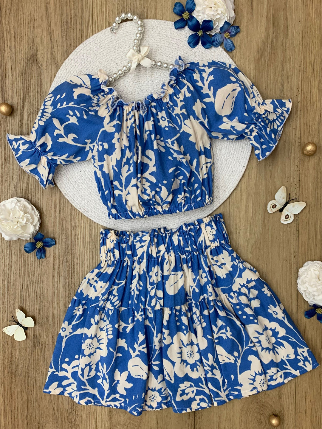 Indigo Bloom Smocked Top & Skirt Set