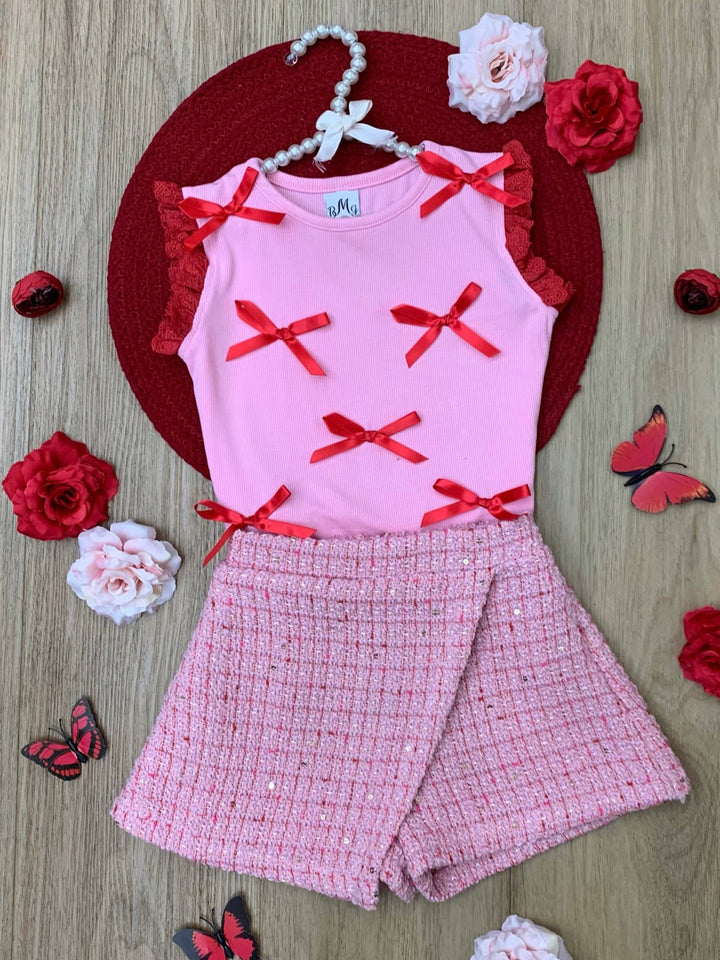 Chic Bows Lace Tank Top and Tweed Skort Set