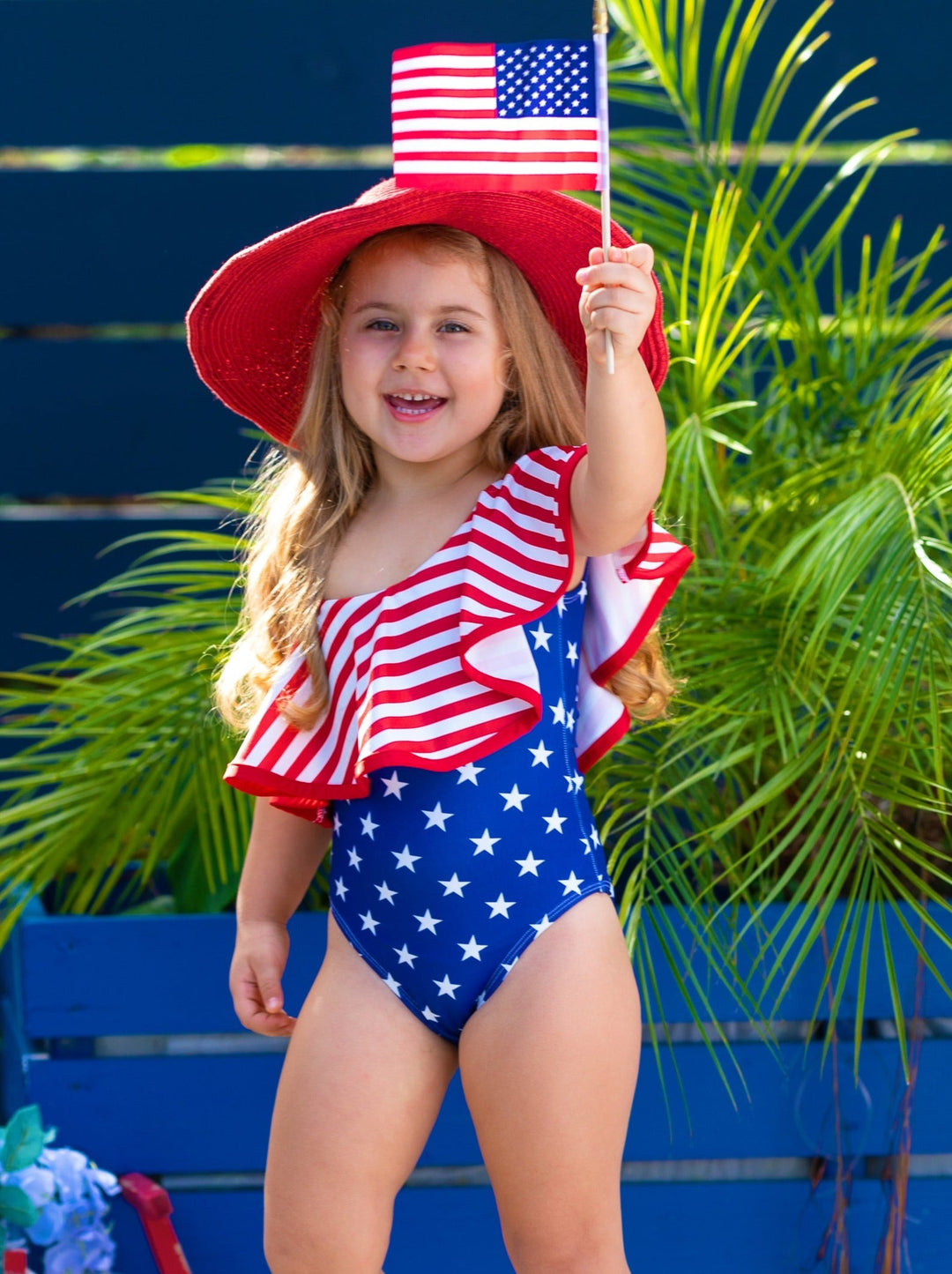 Kids Swimsuits | Girls USA Ruffle Bib One Shoulder One Piece Swimsuit