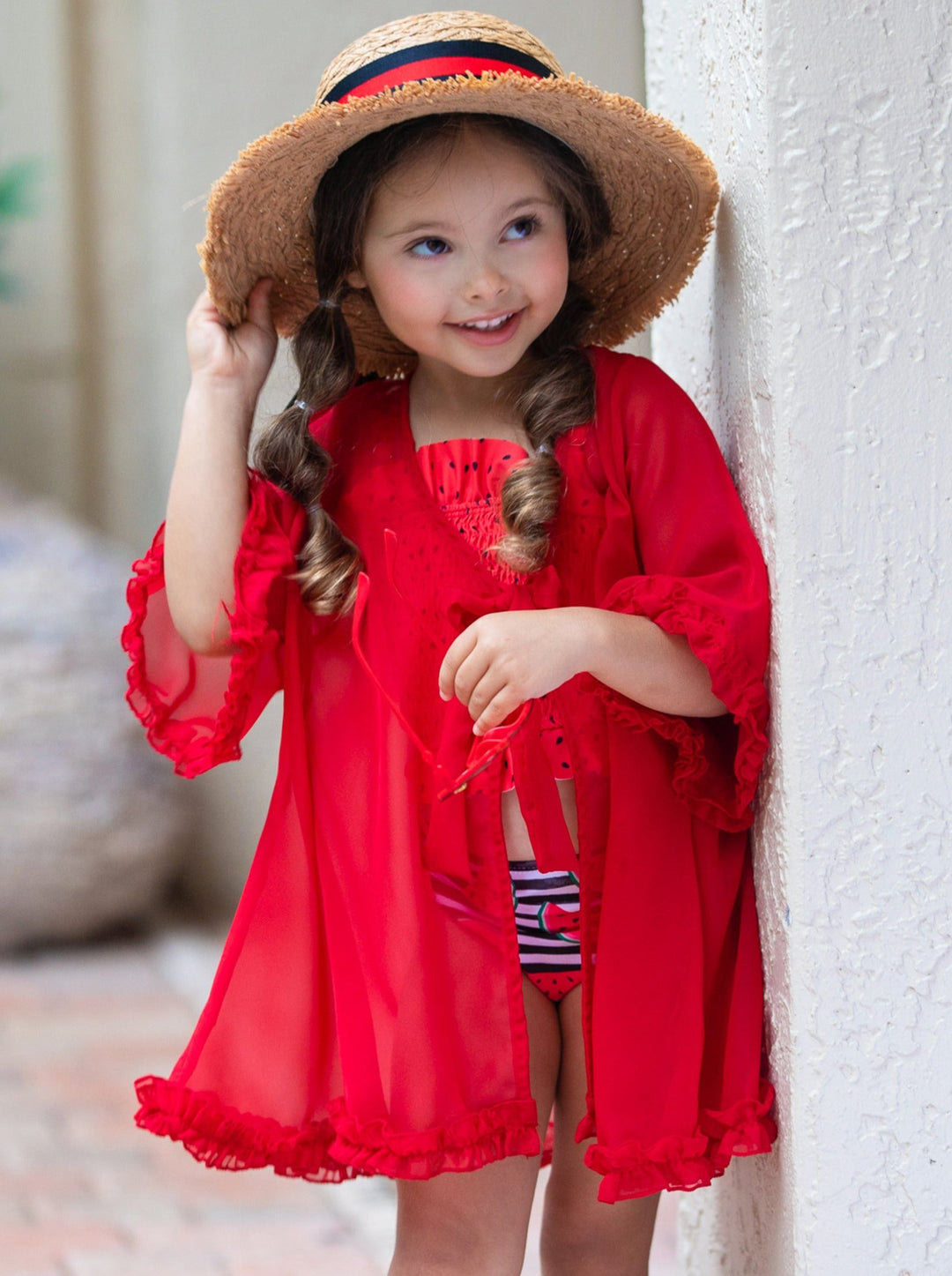 Toddler Girls Swimwear | Red 3/4 Sleeve Ruffled Caftan Cover Up