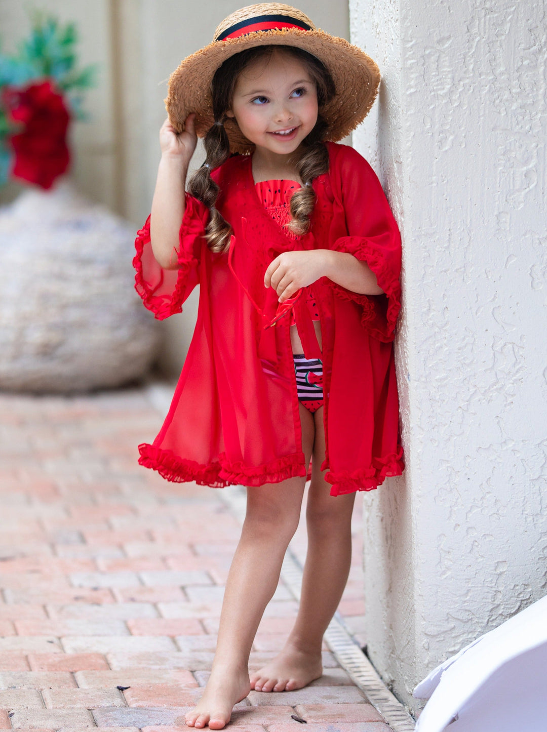 Toddler Girls Swimwear | Red 3/4 Sleeve Ruffled Caftan Cover Up