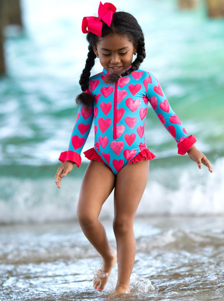 Girls Hearts Rash Guard One Piece Swimsuit | Mia Belle Girls Swimwear