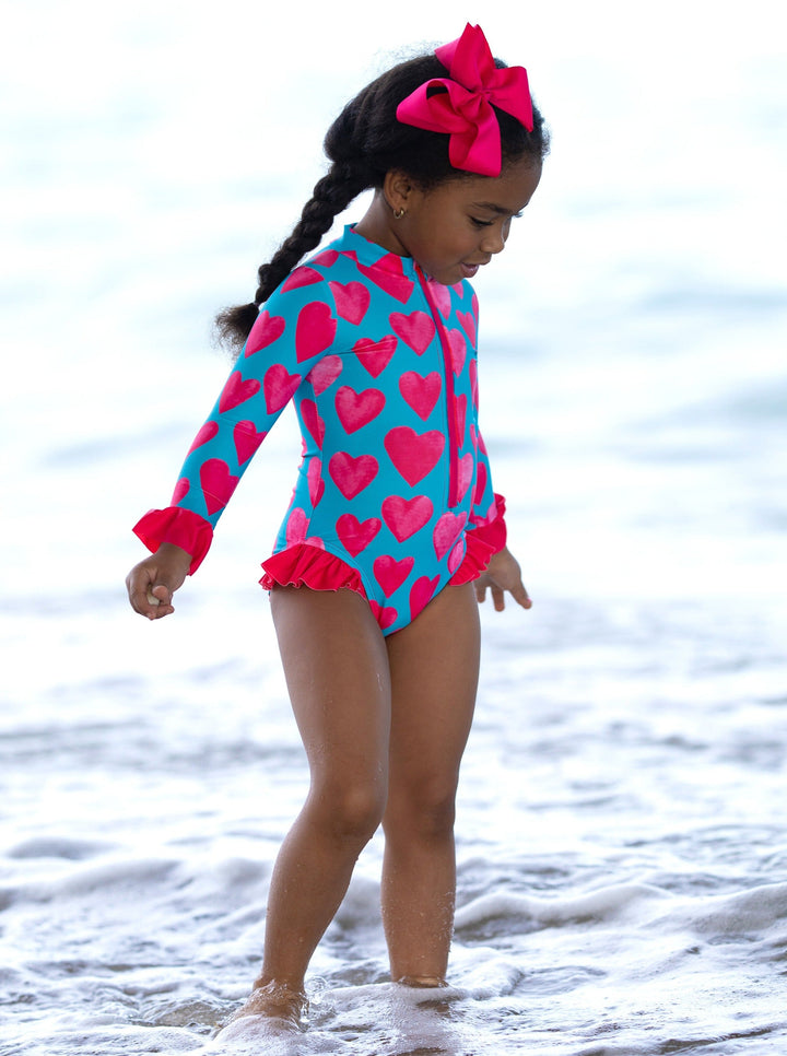 Girls Hearts Rash Guard One Piece Swimsuit | Mia Belle Girls Swimwear