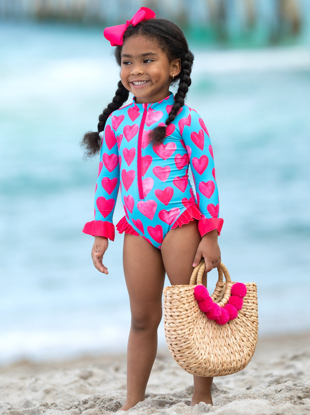 Girls Hearts Rash Guard One Piece Swimsuit | Mia Belle Girls Swimwear