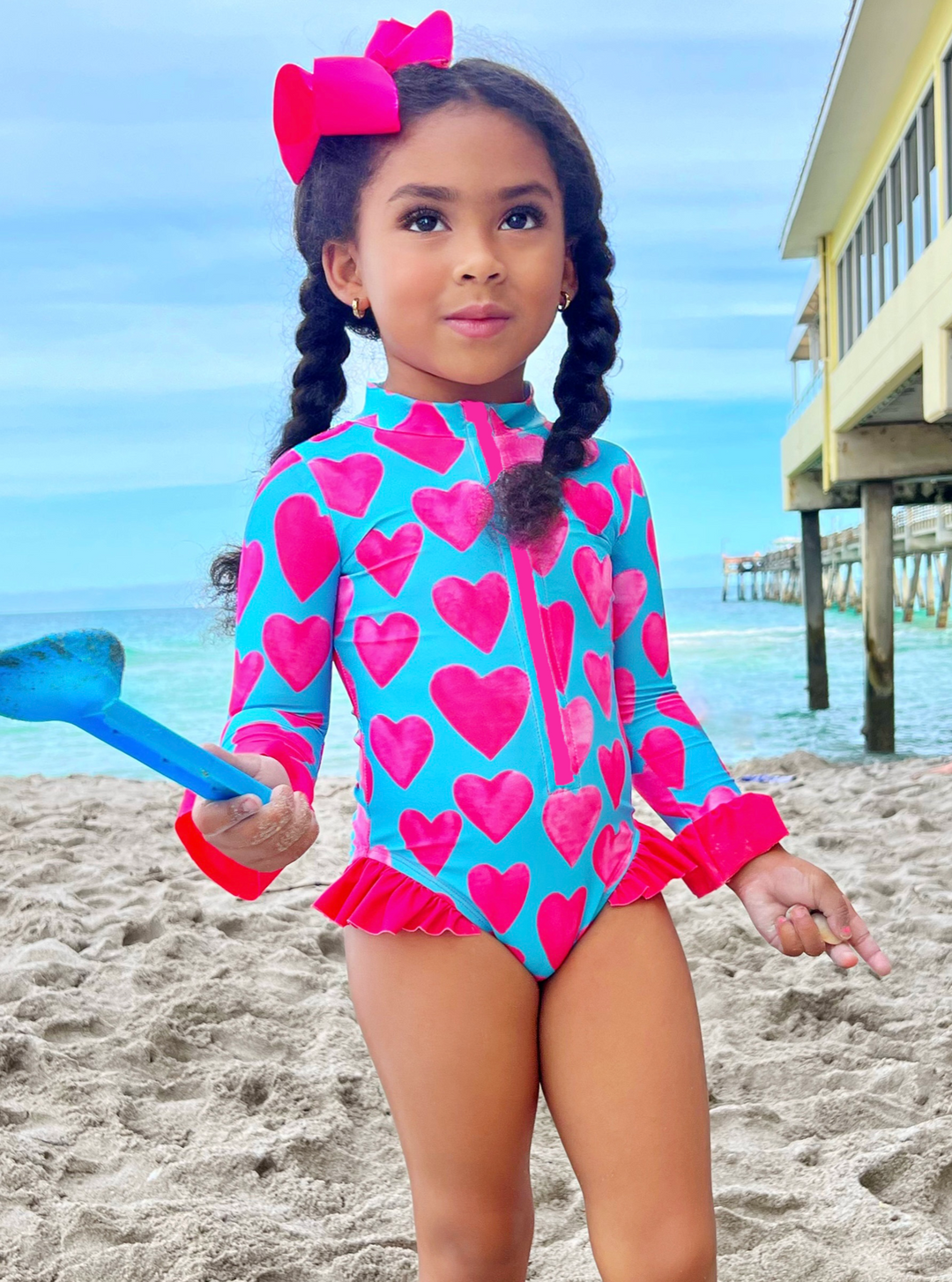 Girls Hearts Rash Guard One Piece Swimsuit | Mia Belle Girls Swimwear