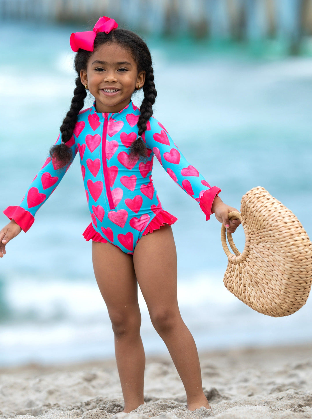 Girls Hearts Rash Guard One Piece Swimsuit | Mia Belle Girls Swimwear