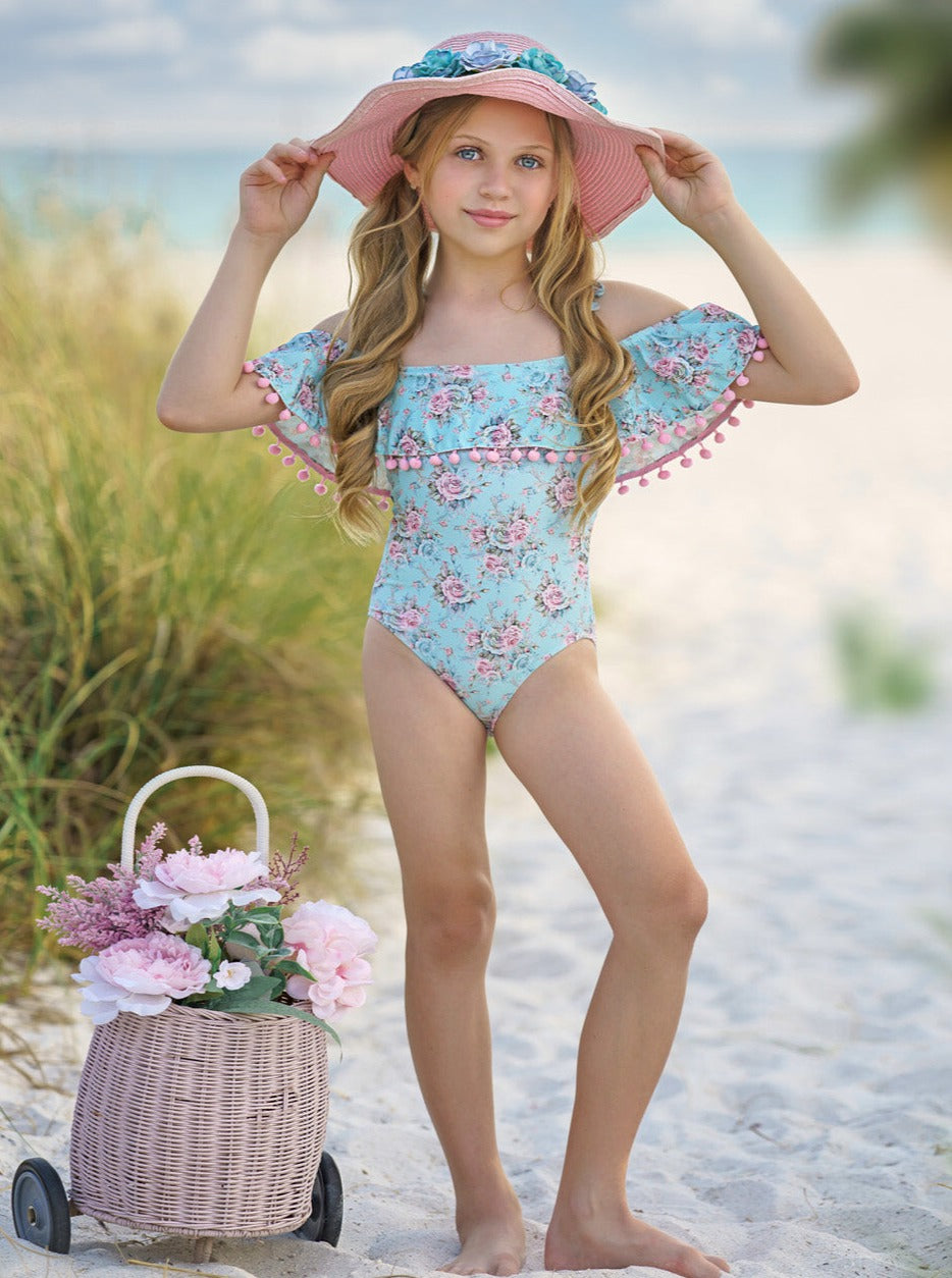 Girls Rose Ruffle Bib One Piece Swimsuit | Mia Belle Girls Swimwear