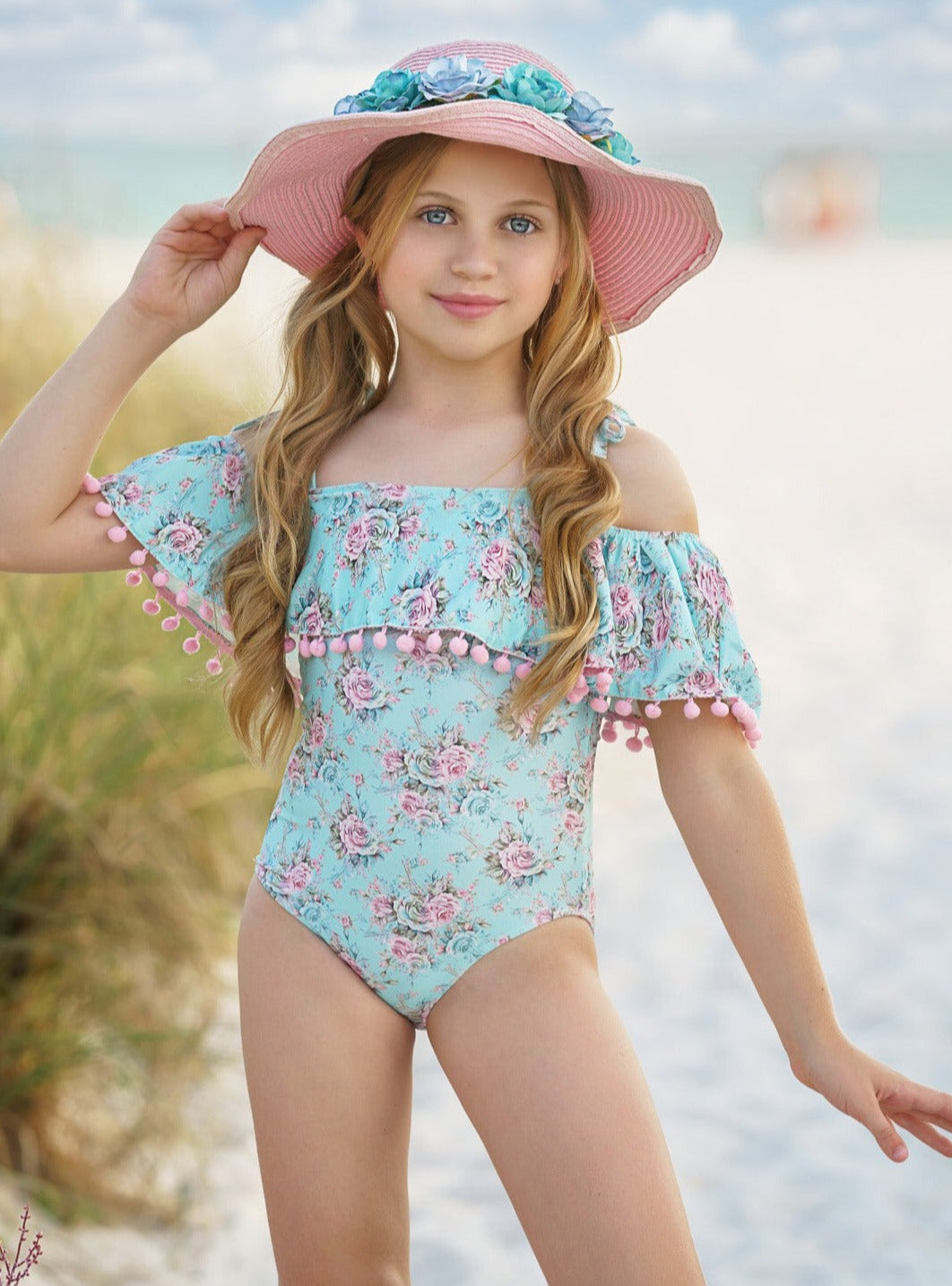 Girls Rose Ruffle Bib One Piece Swimsuit | Mia Belle Girls Swimwear