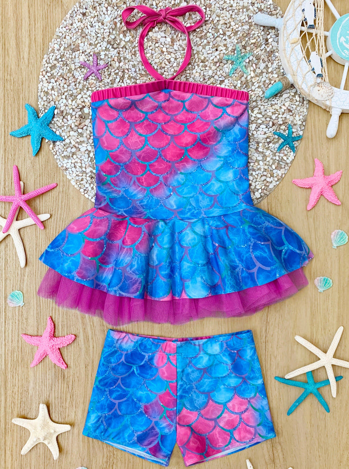 Toddler Swimwear | Girls Mermaid Scale Tulle Hem Two Piece Swimsuit