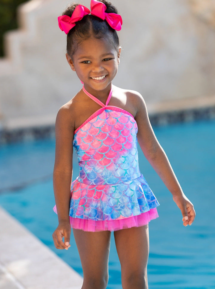 Toddler Swimwear | Girls Mermaid Scale Tulle Hem Two Piece Swimsuit