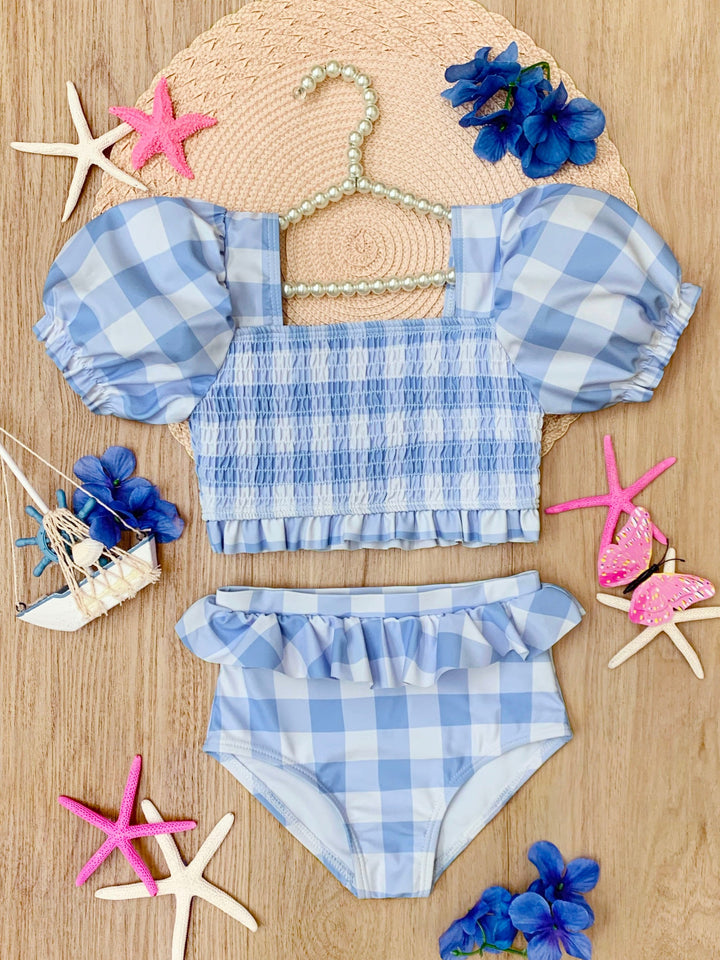 Blue Skies Gingham Puff Sleeve Two-Piece Swimsuit