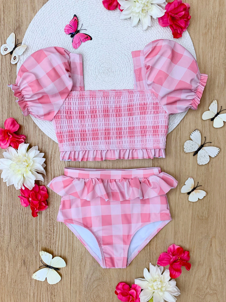 Perfect Pink Gingham Puff Sleeve Two Piece Swimsuit