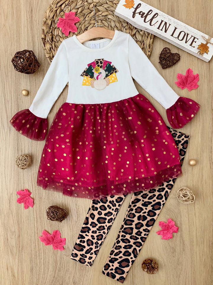 Thanksgiving Kids Clothes | Sparkle Turkey Tunic & Leopard Legging Set