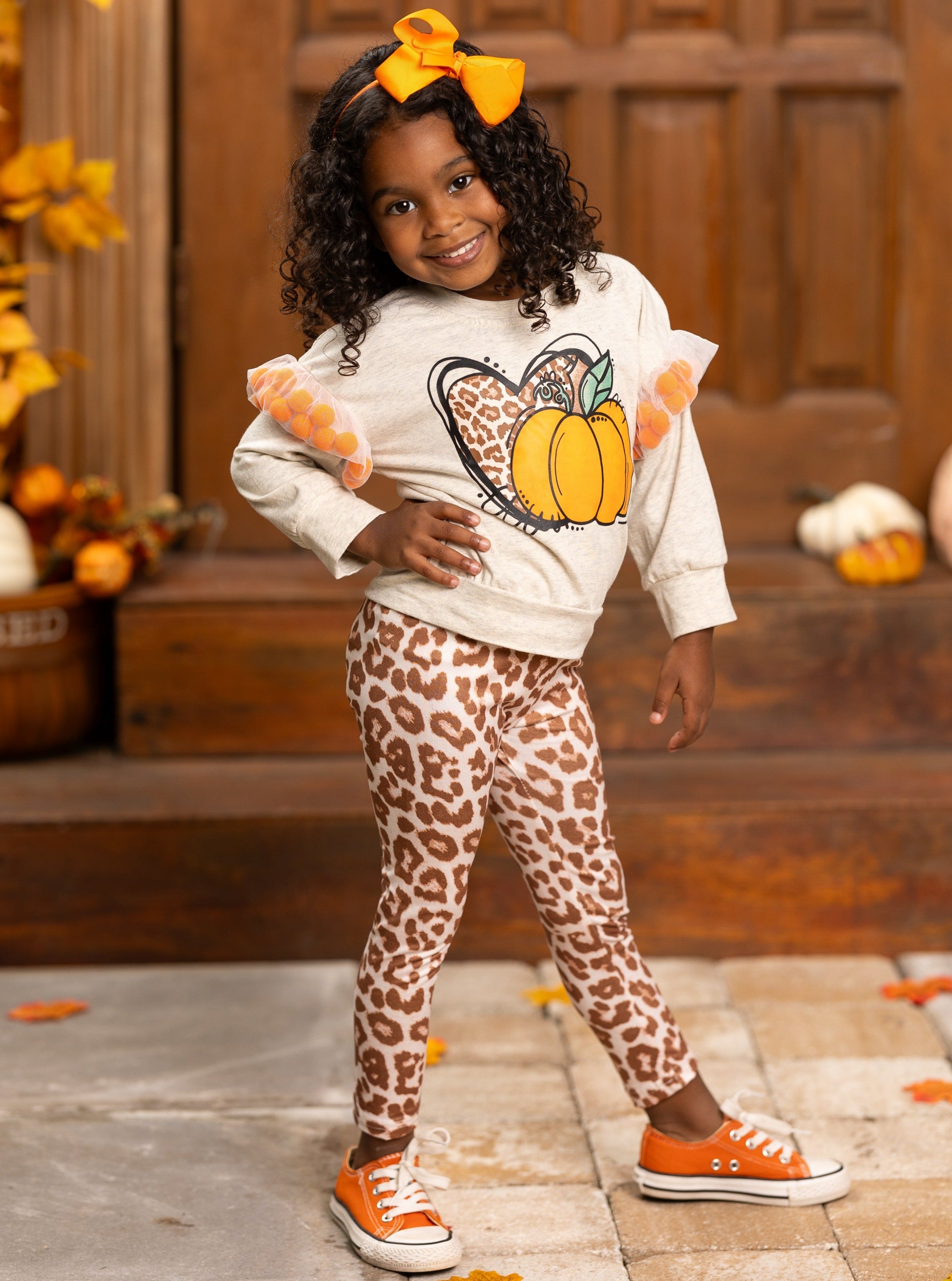 Pom Pom Pumpkin Leopard Legging Set Mia Belle Girls