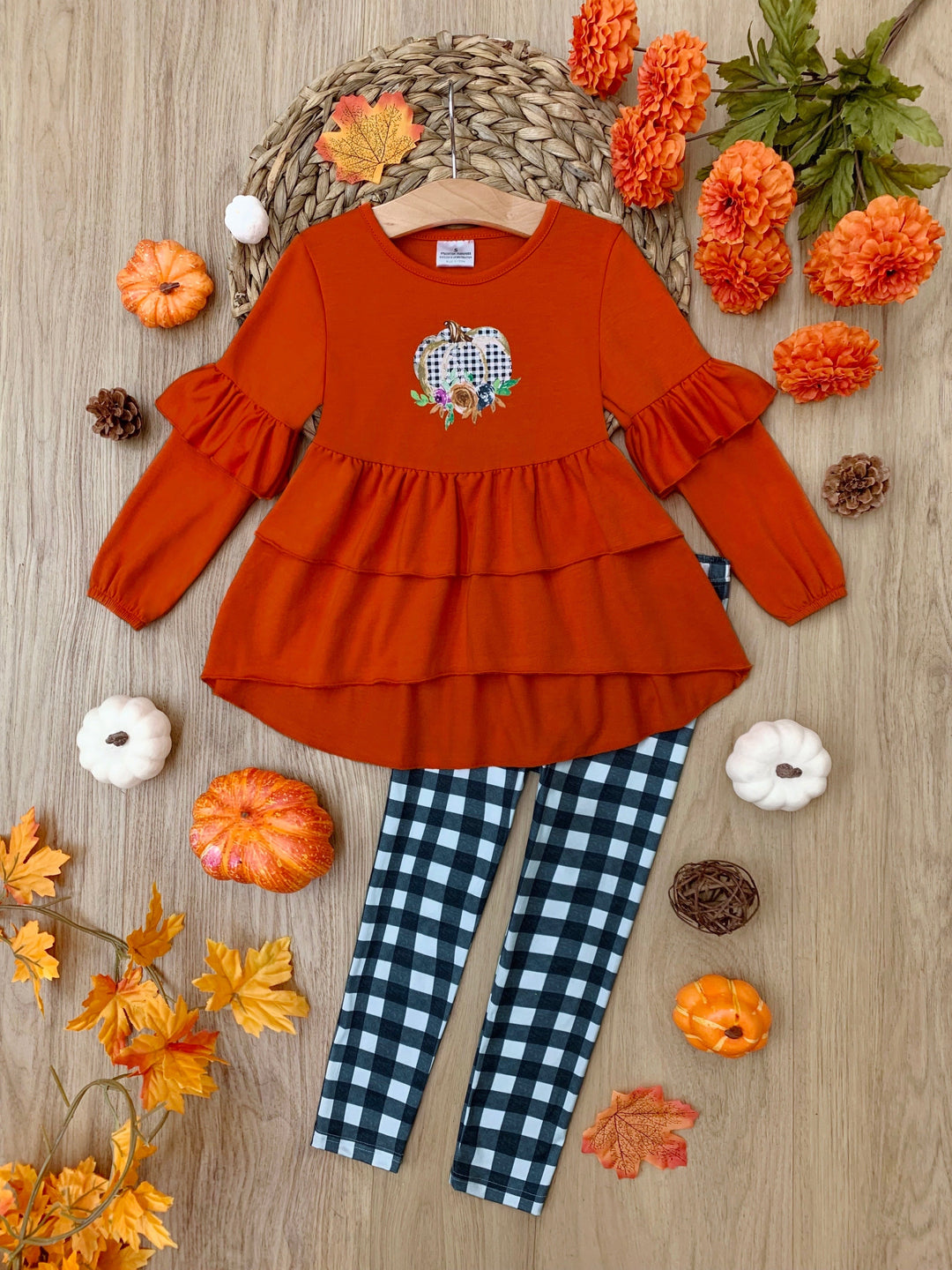 Toddler Fall Clothes | Pumpkin Hi-Lo Ruffle Tunic Plaid Legging Set