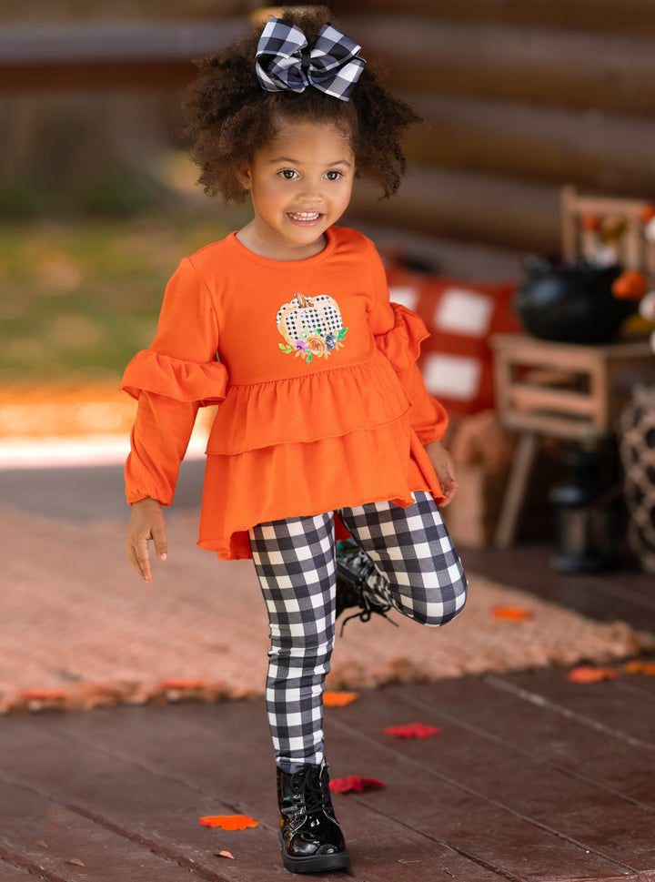 Toddler Fall Clothes | Pumpkin Hi-Lo Ruffle Tunic Plaid Legging Set