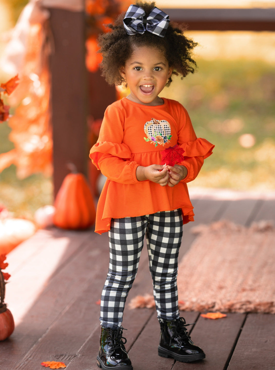 Toddler Fall Clothes | Pumpkin Hi-Lo Ruffle Tunic Plaid Legging Set