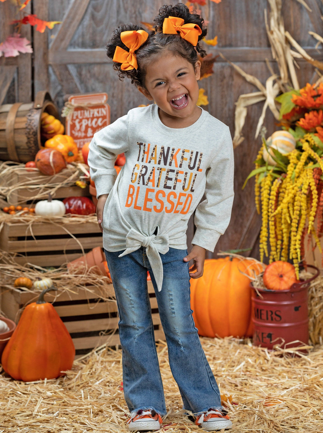 Thankful Knot Hem Pullover & Tassel Bell Bottom Jeans Set -Mia Belle Girls