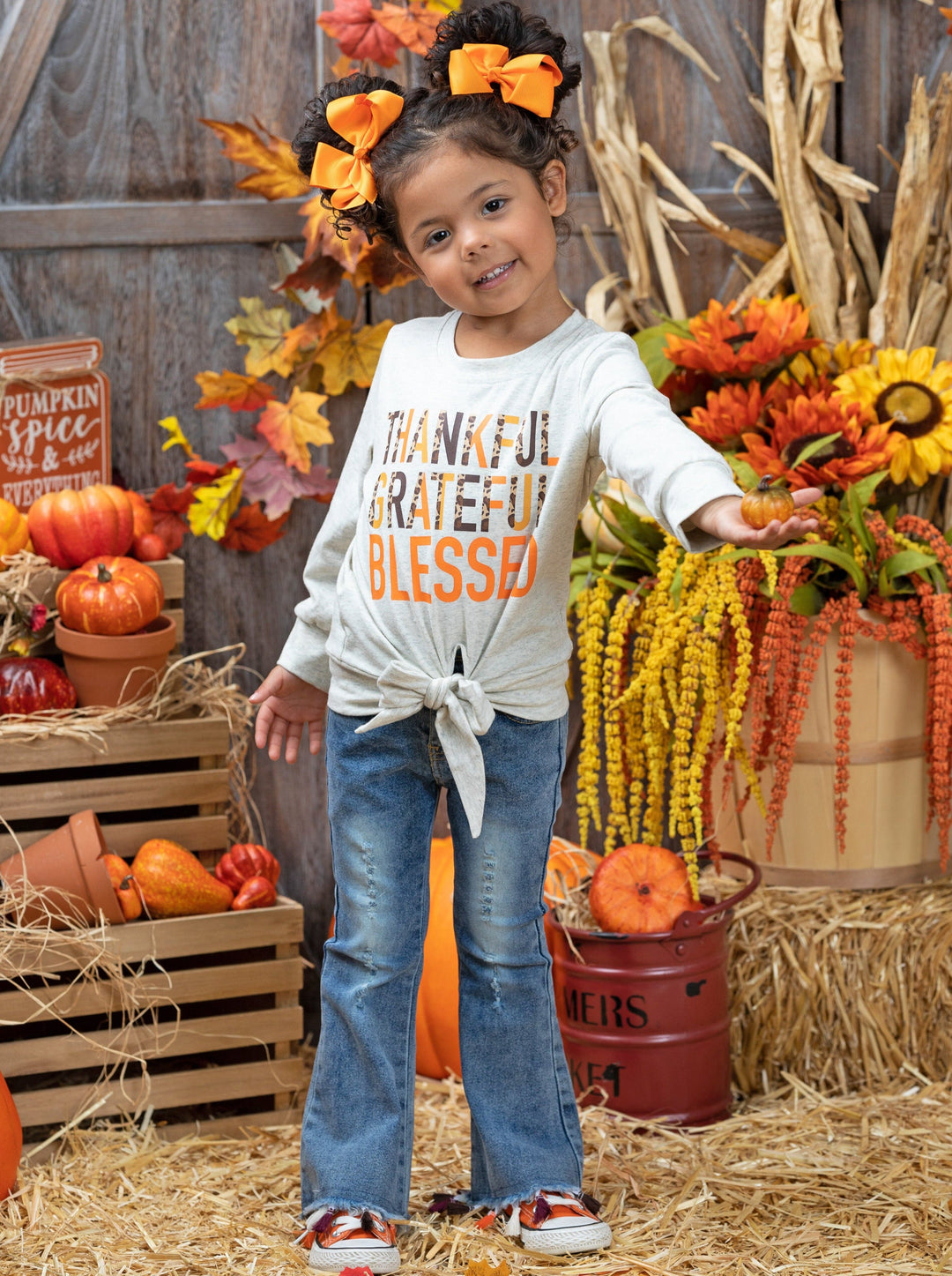 Thankful Knot Hem Pullover & Tassel Bell Bottom Jeans Set -Mia Belle Girls