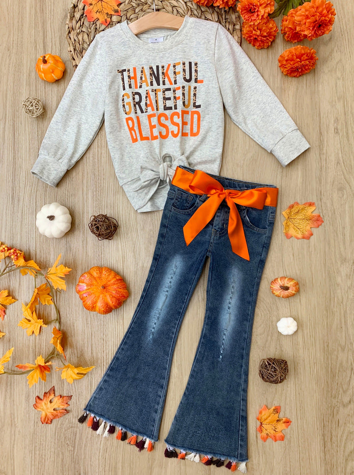 Thankful Knot Hem Pullover & Tassel Bell Bottom Jeans Set -Mia Belle Girls