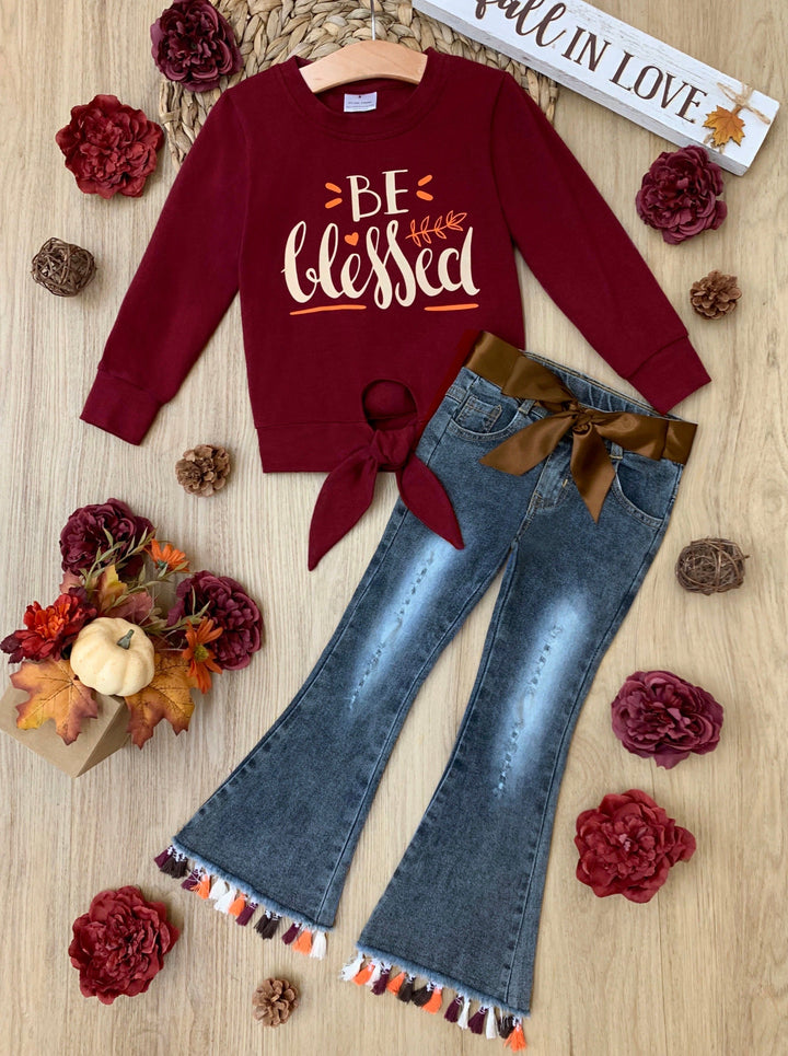 Girls Thanksgiving Outfits | Knot Hem Pullover & Tassel Hem Jeans Set 