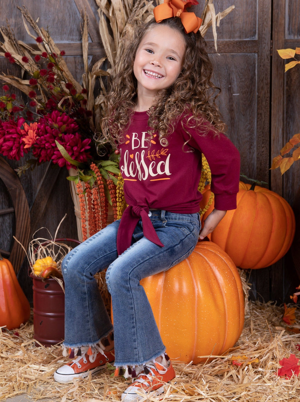 Girls Thanksgiving Outfits | Knot Hem Pullover & Tassel Hem Jeans Set 