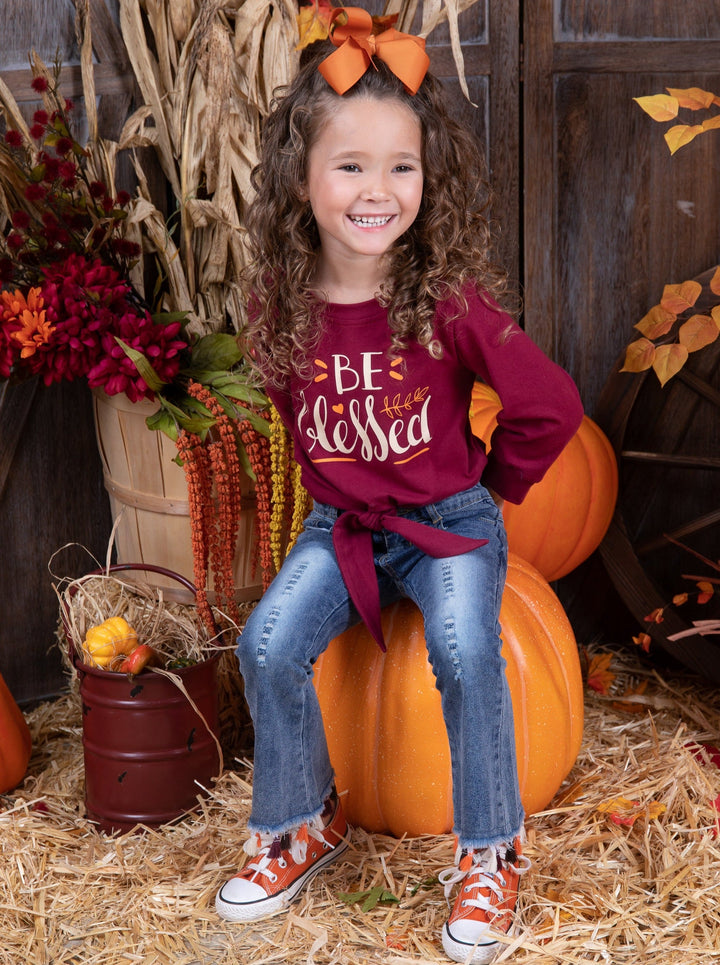 Girls Thanksgiving Outfits | Knot Hem Pullover & Tassel Hem Jeans Set 