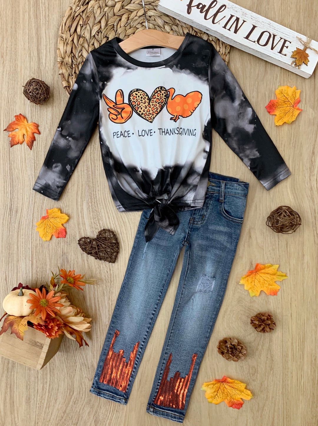 Thanksgiving Knot Hem Top & Sequin Hem Jeans Set - Mia Belle Girls