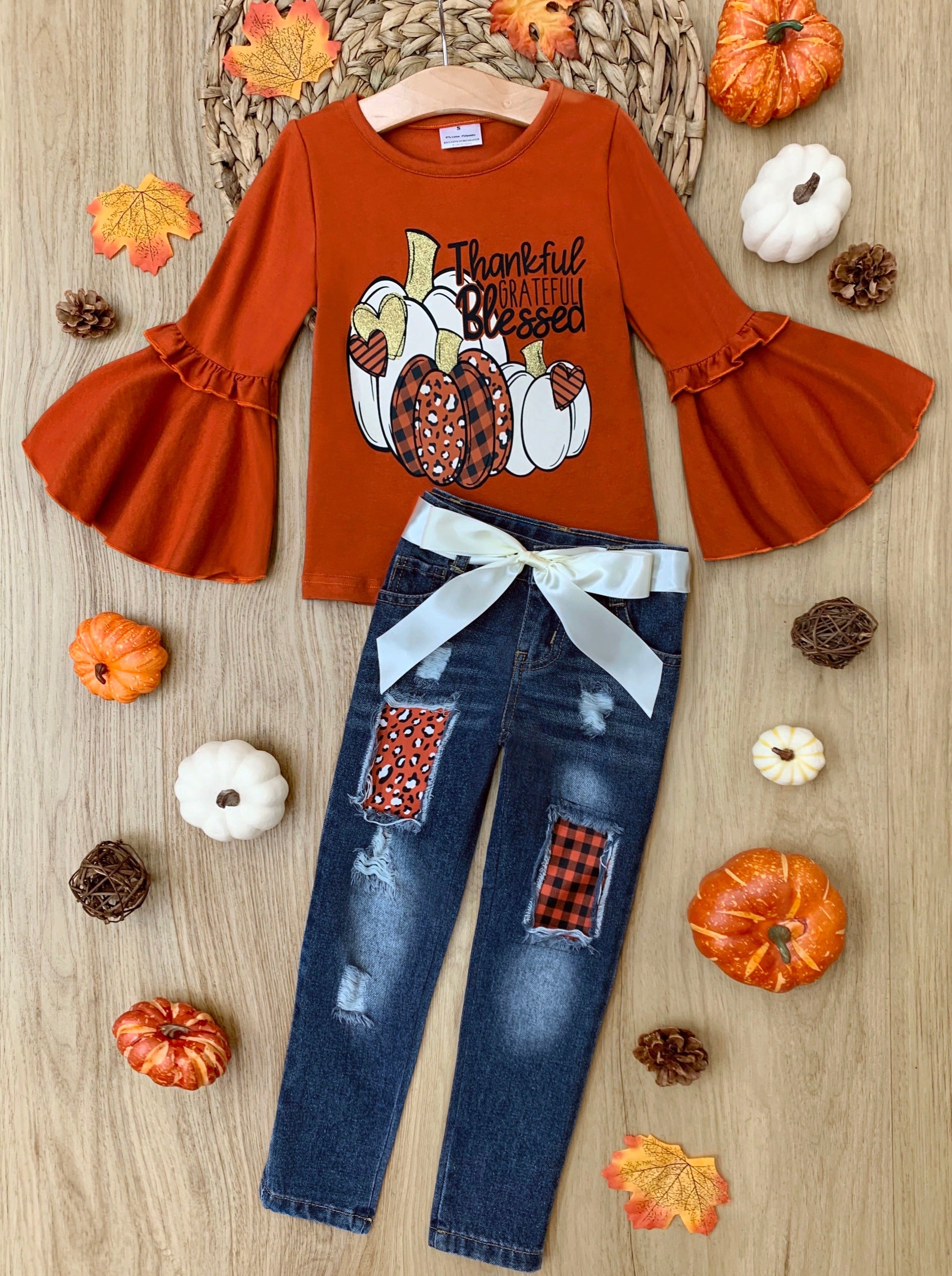 Thankful, Grateful, Blessed Patched Jeans Set – Mia Belle Girls