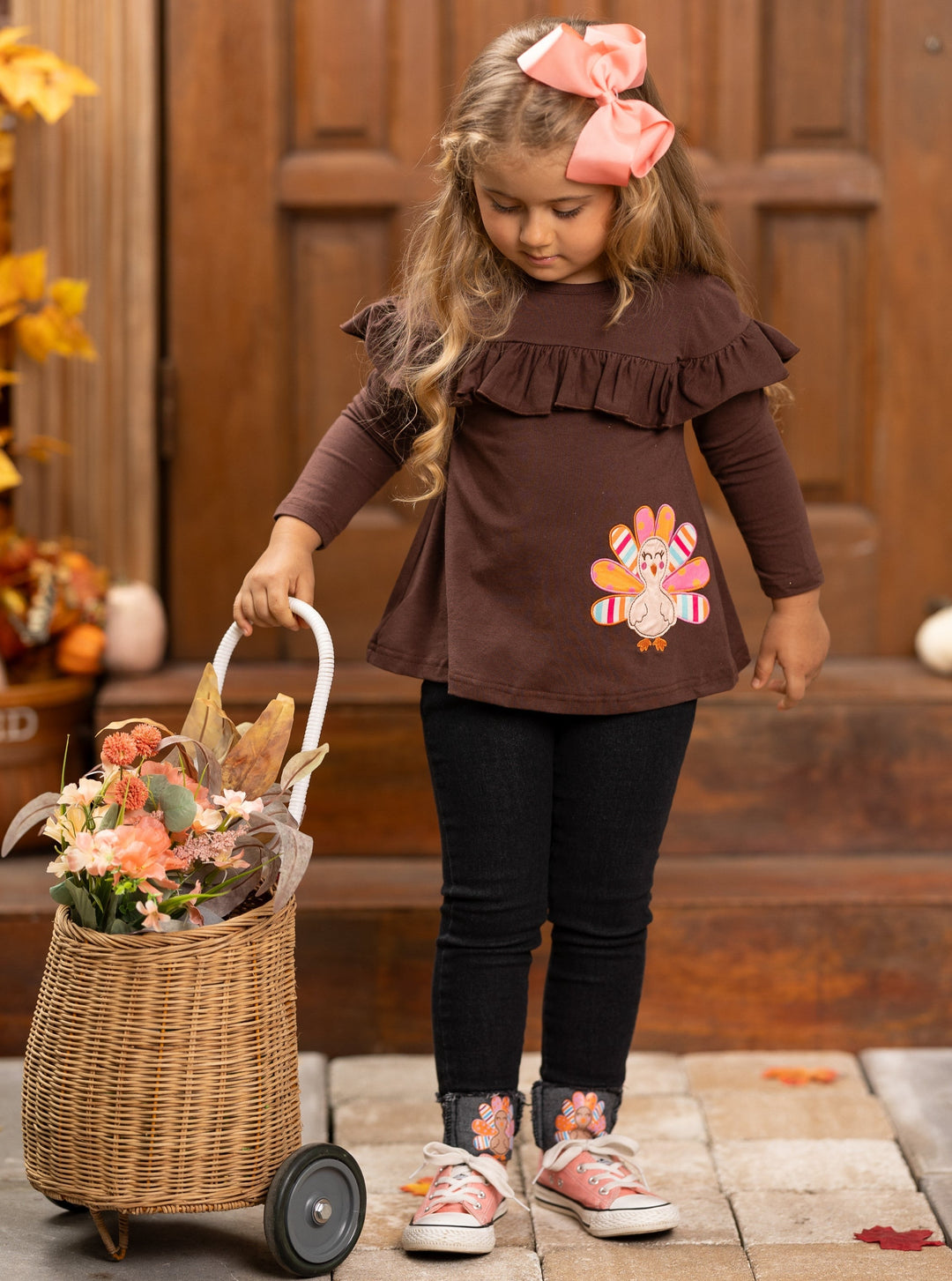 Cute Thanksgiving Kids Clothes | Girls Turkey Top & Cuffed Jeans Set