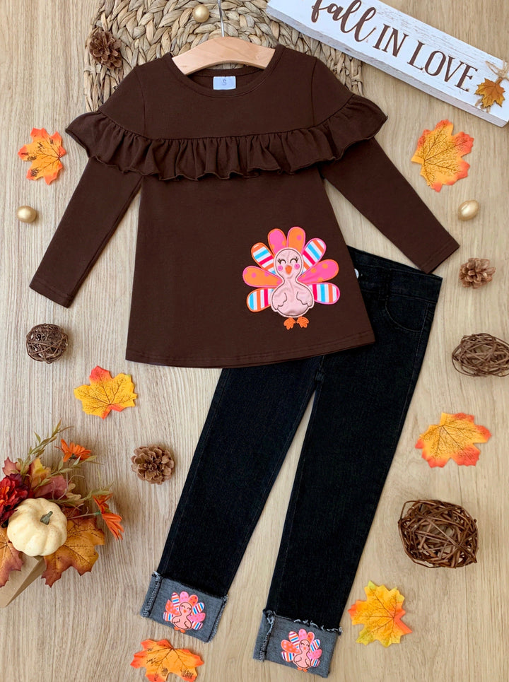 Cute Thanksgiving Kids Clothes | Girls Turkey Top & Cuffed Jeans Set